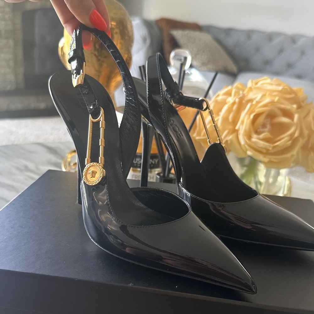Versace Black Patent Slingback Stiletto Heels with Gold Medusa Accent